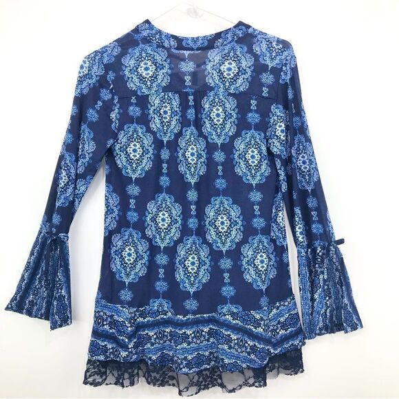 Style & Co. Navy Blue Medallion Print Peasant Boho Blouse - Picture 2 of 15